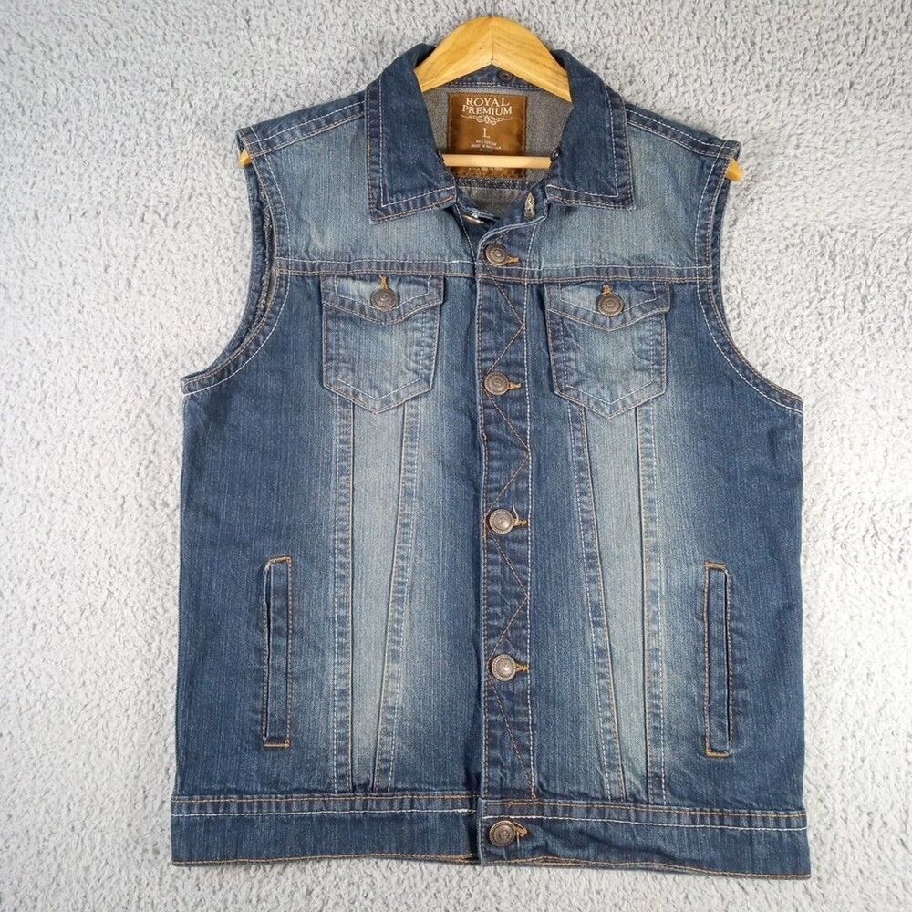 Royal Premium Denim Jean Jacket Vest Women's L Blue Sleeveless Button Collared